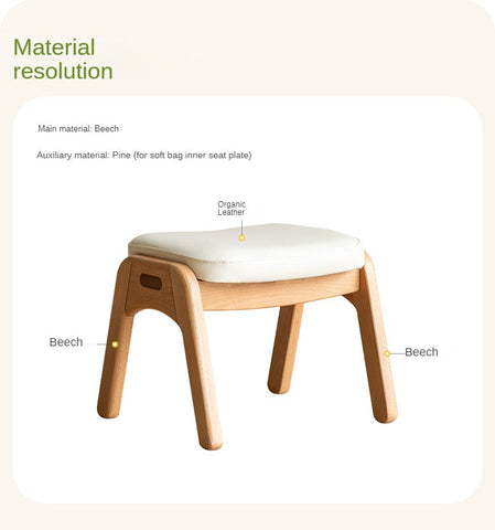 Beech Solid Wood Childrens Stool Natural Finish & Organic Leather Upholstery Durable Playroom Seating
