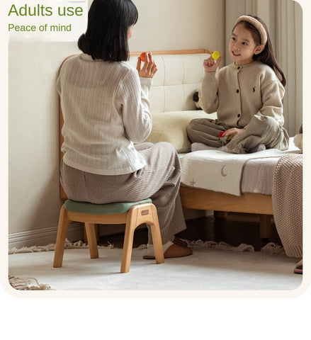 Beech Solid Wood Childrens Stool Natural Finish & Organic Leather Upholstery Durable Playroom Seating