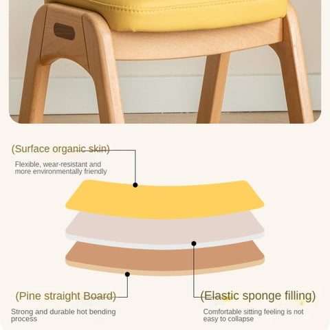 Beech Solid Wood Childrens Stool Natural Finish & Organic Leather Upholstery Durable Playroom Seating