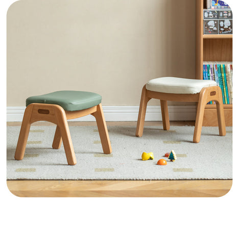 Beech Solid Wood Childrens Stool Natural Finish & Organic Leather Upholstery Durable Playroom Seating