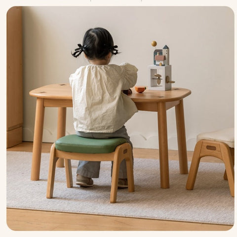 Beech Solid Wood Childrens Stool Natural Finish & Organic Leather Upholstery Durable Playroom Seating