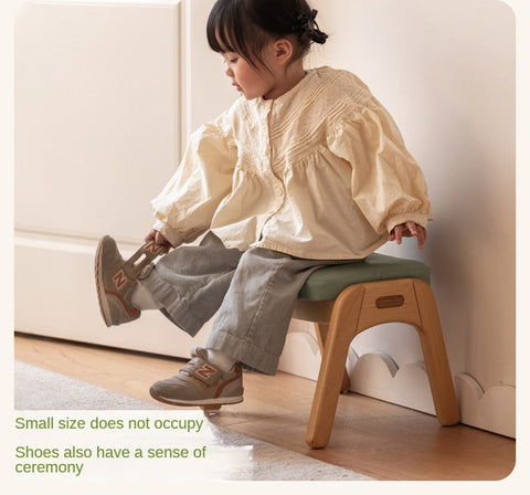 Beech Solid Wood Childrens Stool Natural Finish & Organic Leather Upholstery Durable Playroom Seating