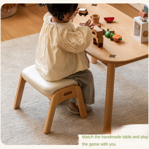 Beech Solid Wood Childrens Stool Natural Finish & Organic Leather Upholstery Durable Playroom Seating