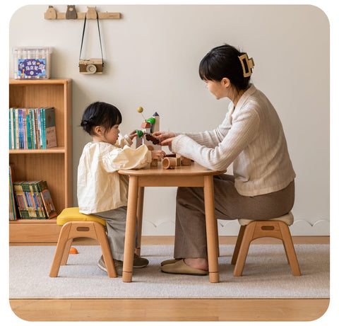 Beech Solid Wood Childrens Stool Natural Finish & Organic Leather Upholstery Durable Playroom Seating