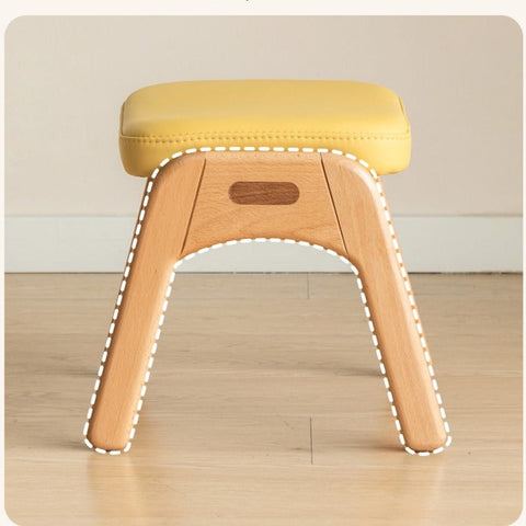 Beech Solid Wood Childrens Stool Natural Finish & Organic Leather Upholstery Durable Playroom Seating