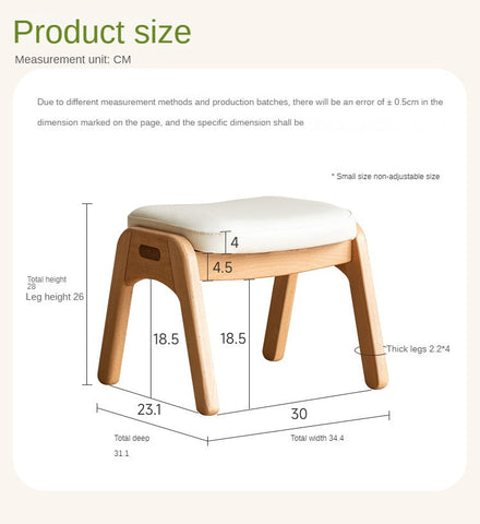 Beech Solid Wood Childrens Stool Natural Finish & Organic Leather Upholstery Durable Playroom Seating