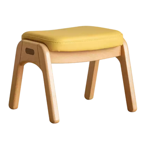 Beech Solid Wood Childrens Stool Natural Finish & Organic Leather Upholstery Durable Playroom Seating