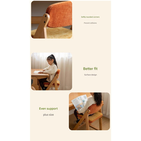 Beech Solid Wood Kids Study Chair Adjustable Ergonomic Natural Finish Washable Upholstered Seat for Study & Home Desk