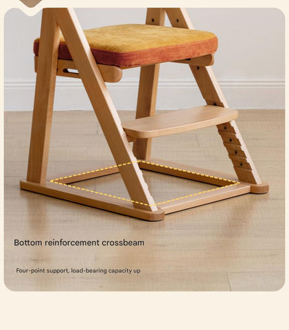 Beech Solid Wood Kids Study Chair Adjustable Ergonomic Natural Finish Washable Upholstered Seat for Study & Home Desk