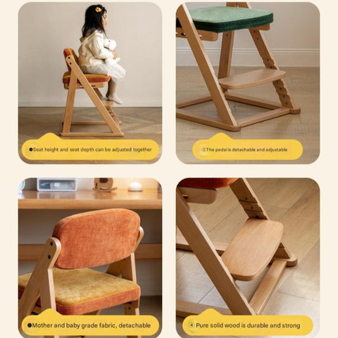 Beech Solid Wood Kids Study Chair Adjustable Ergonomic Natural Finish Washable Upholstered Seat for Study & Home Desk