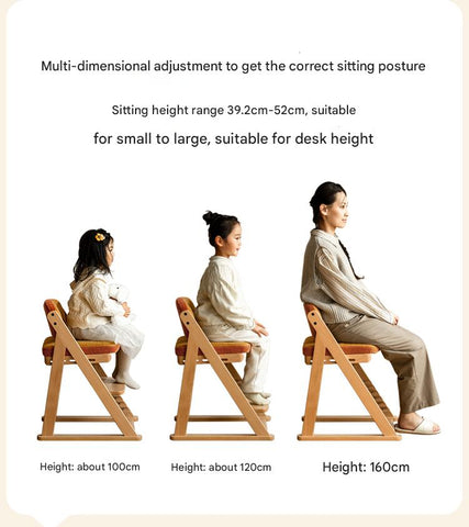 Beech Solid Wood Kids Study Chair Adjustable Ergonomic Natural Finish Washable Upholstered Seat for Study & Home Desk