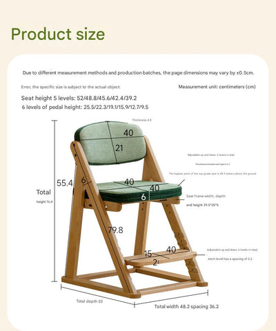 Beech Solid Wood Kids Study Chair Adjustable Ergonomic Natural Finish Washable Upholstered Seat for Study & Home Desk