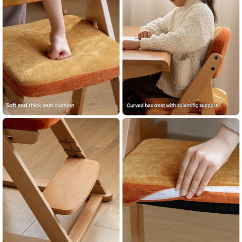 Beech Solid Wood Kids Study Chair Adjustable Ergonomic Natural Finish Washable Upholstered Seat for Study & Home Desk
