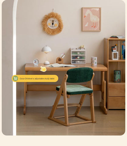 Beech Solid Wood Kids Study Chair Adjustable Ergonomic Natural Finish Washable Upholstered Seat for Study & Home Desk