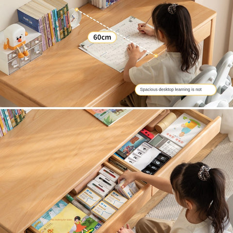 Beech Solid Wood Childrens Study Desk Natural Finish Minimalist Writing Desk with Storage & Shelves