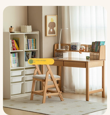 Beech Solid Wood Childrens Study Desk Natural Finish Minimalist Writing Desk with Storage & Shelves