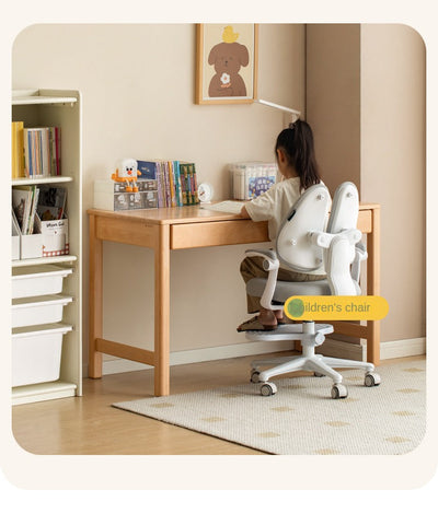 Beech Solid Wood Childrens Study Desk Natural Finish Minimalist Writing Desk with Storage & Shelves