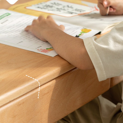 Beech Solid Wood Childrens Study Desk Natural Finish Minimalist Writing Desk with Storage & Shelves