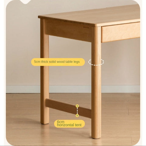 Beech Solid Wood Childrens Study Desk Natural Finish Minimalist Writing Desk with Storage & Shelves