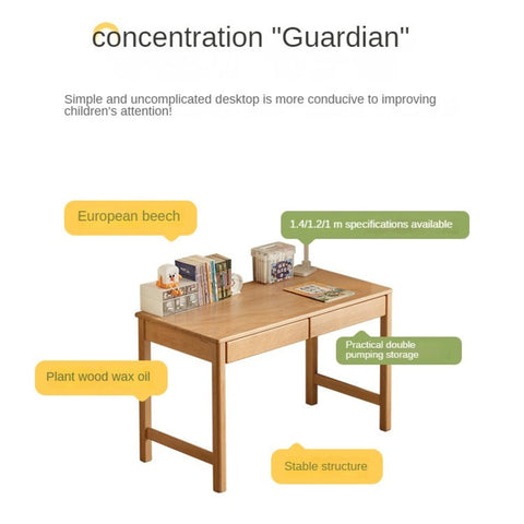 Beech Solid Wood Childrens Study Desk Natural Finish Minimalist Writing Desk with Storage & Shelves