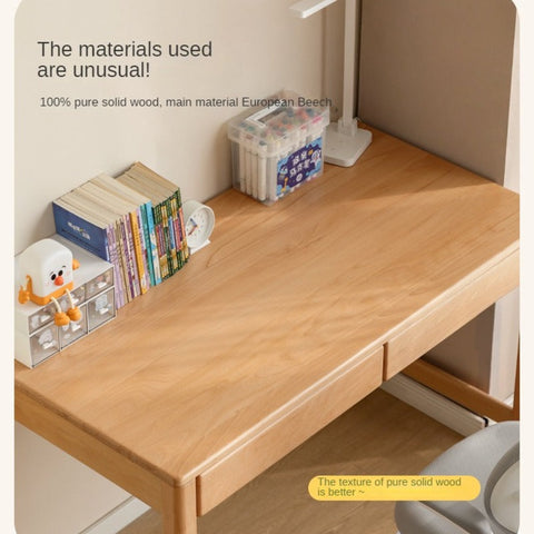 Beech Solid Wood Childrens Study Desk Natural Finish Minimalist Writing Desk with Storage & Shelves