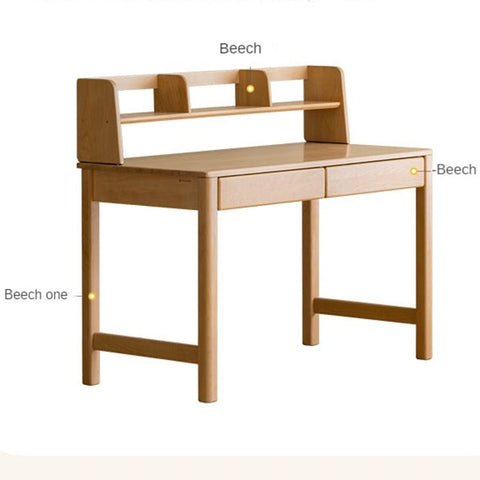 Beech Solid Wood Childrens Study Desk Natural Finish Minimalist Writing Desk with Storage & Shelves