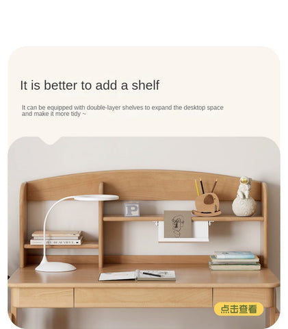Beech Solid Wood Childrens Study Desk Natural Finish Minimalist Writing Desk with Storage & Shelves