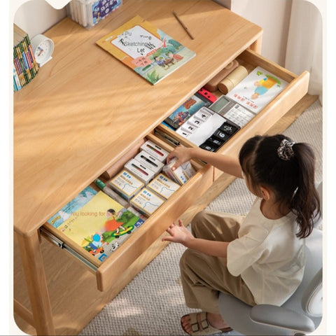 Beech Solid Wood Childrens Study Desk Natural Finish Minimalist Writing Desk with Storage & Shelves