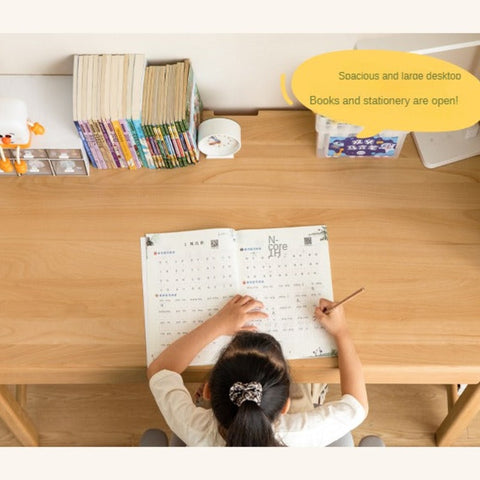 Beech Solid Wood Childrens Study Desk Natural Finish Minimalist Writing Desk with Storage & Shelves