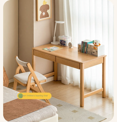 Beech Solid Wood Childrens Study Desk Natural Finish Minimalist Writing Desk with Storage & Shelves