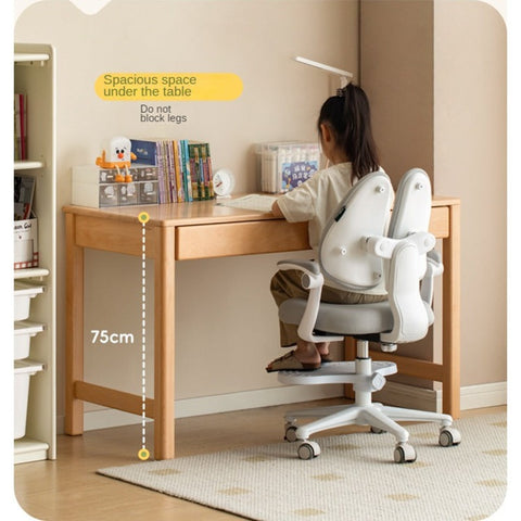 Beech Solid Wood Childrens Study Desk Natural Finish Minimalist Writing Desk with Storage & Shelves
