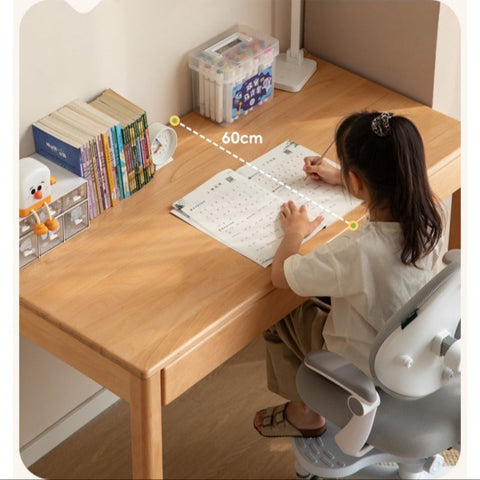 Beech Solid Wood Childrens Study Desk Natural Finish Minimalist Writing Desk with Storage & Shelves