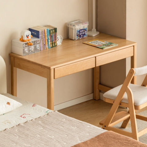 Beech Solid Wood Childrens Study Desk Natural Finish Minimalist Writing Desk with Storage & Shelves