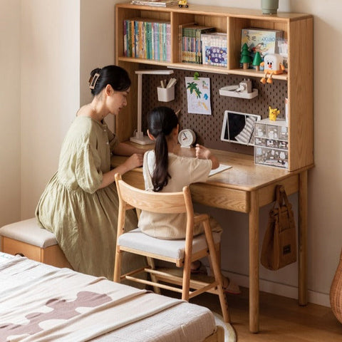 Oak Beech Solid Wood Children Study Desk & Bookshelf Integrated Natural Finish Eco Friendly