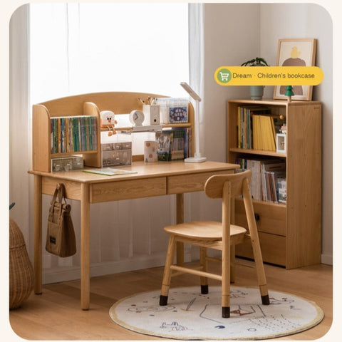 Oak Beech Solid Wood Children Study Desk & Bookshelf Integrated Natural Finish Eco Friendly