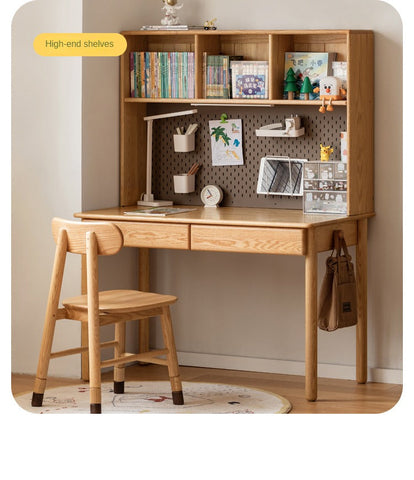 Oak Beech Solid Wood Children Study Desk & Bookshelf Integrated Natural Finish Eco Friendly