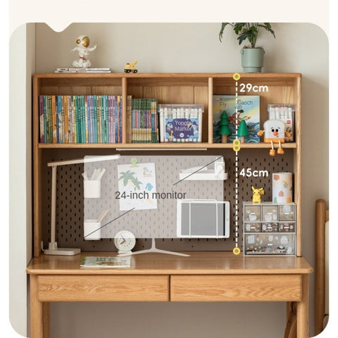 Oak Beech Solid Wood Children Study Desk & Bookshelf Integrated Natural Finish Eco Friendly