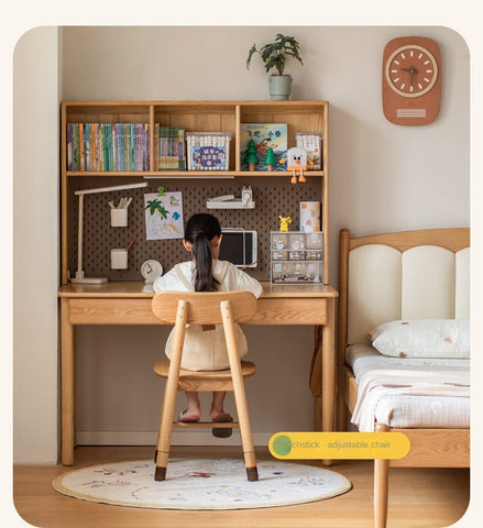 Oak Beech Solid Wood Children Study Desk & Bookshelf Integrated Natural Finish Eco Friendly