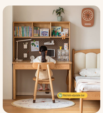 Oak Beech Solid Wood Children Study Desk & Bookshelf Integrated Natural Finish Eco Friendly