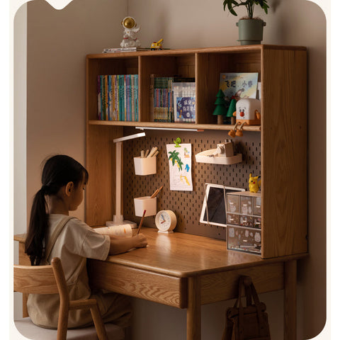 Oak Beech Solid Wood Children Study Desk & Bookshelf Integrated Natural Finish Eco Friendly