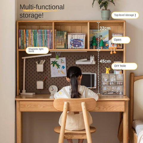 Oak Beech Solid Wood Children Study Desk & Bookshelf Integrated Natural Finish Eco Friendly