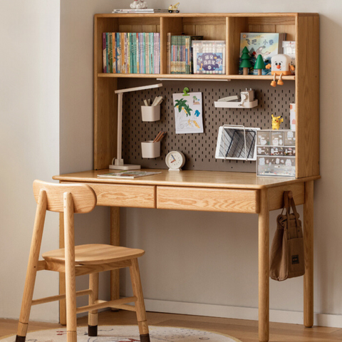 Oak Beech Solid Wood Children Study Desk & Bookshelf Integrated Natural Finish Eco Friendly