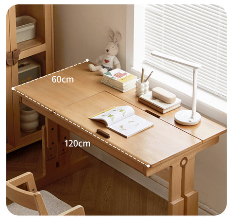 Beech Solid Wood Adjustable Study Table for Children Cookie Color Kids Writing Desk with Storage & Wheels