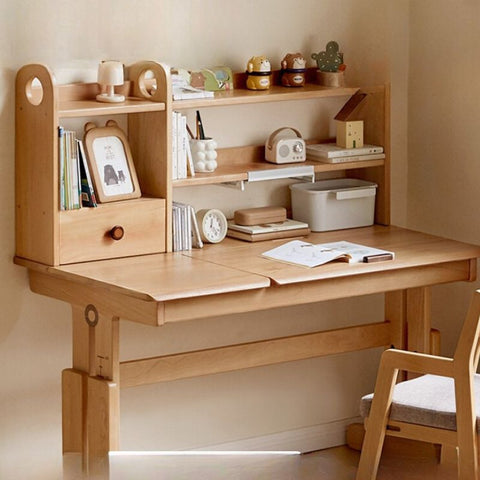 Beech Solid Wood Adjustable Study Table for Children Cookie Color Kids Writing Desk with Storage & Wheels