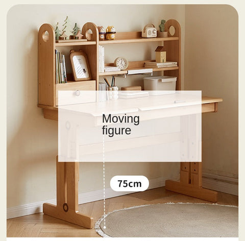 Beech Solid Wood Adjustable Study Table for Children Cookie Color Kids Writing Desk with Storage & Wheels