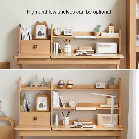 Beech Solid Wood Adjustable Study Table for Children Cookie Color Kids Writing Desk with Storage & Wheels