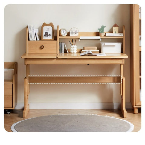 Beech Solid Wood Adjustable Study Table for Children Cookie Color Kids Writing Desk with Storage & Wheels