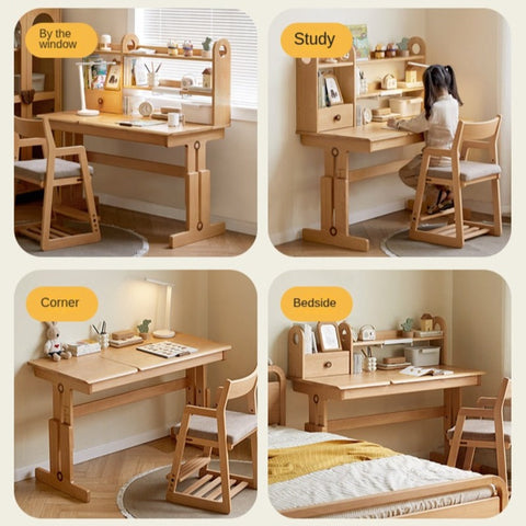 Beech Solid Wood Adjustable Study Table for Children Cookie Color Kids Writing Desk with Storage & Wheels