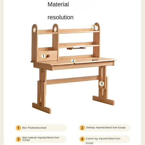 Beech Solid Wood Adjustable Study Table for Children Cookie Color Kids Writing Desk with Storage & Wheels