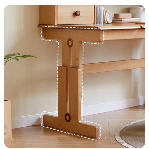 Beech Solid Wood Adjustable Study Table for Children Cookie Color Kids Writing Desk with Storage & Wheels